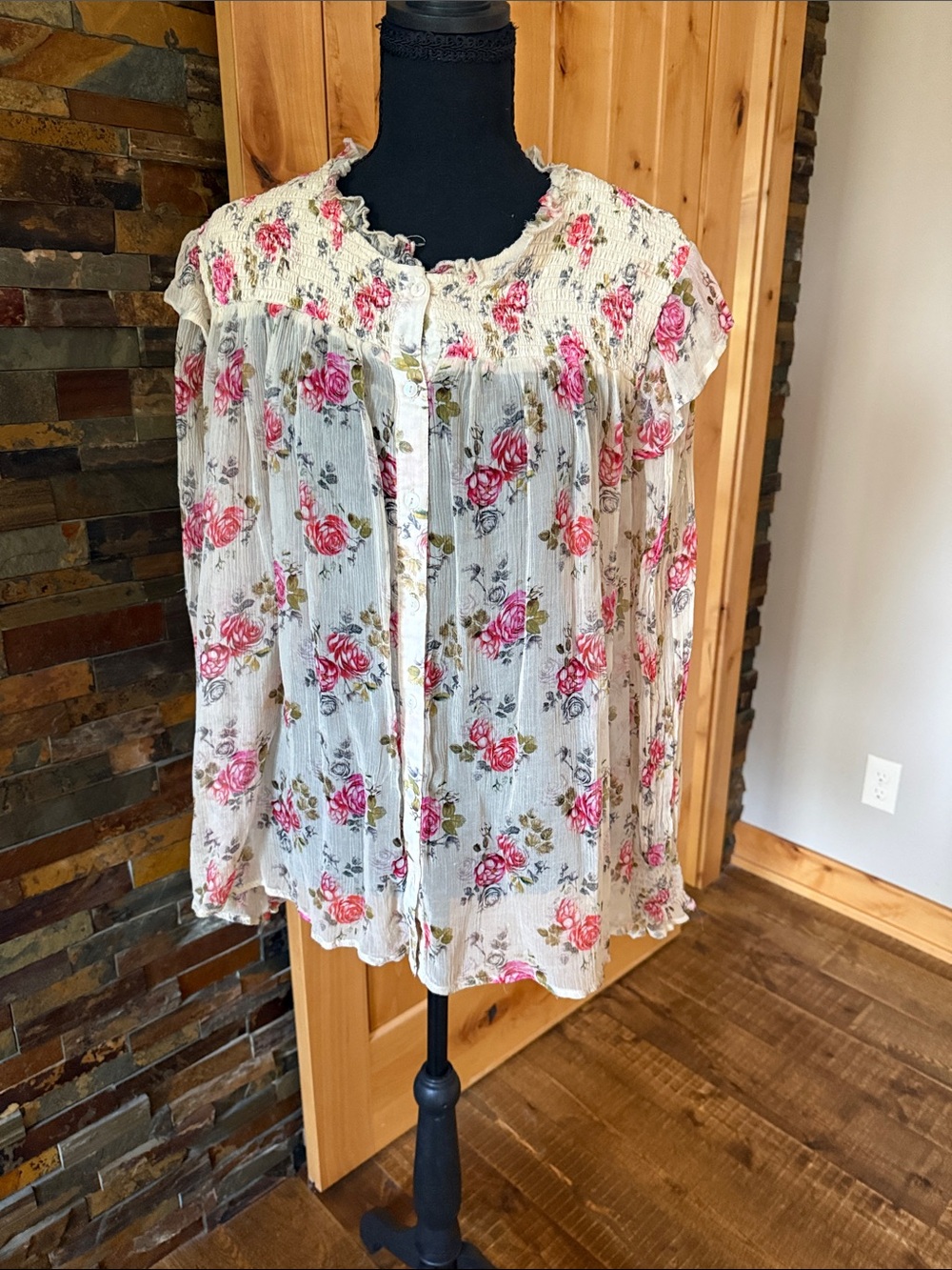 Sundance White Blouse with Pink Rose Print and Smocked Yoke